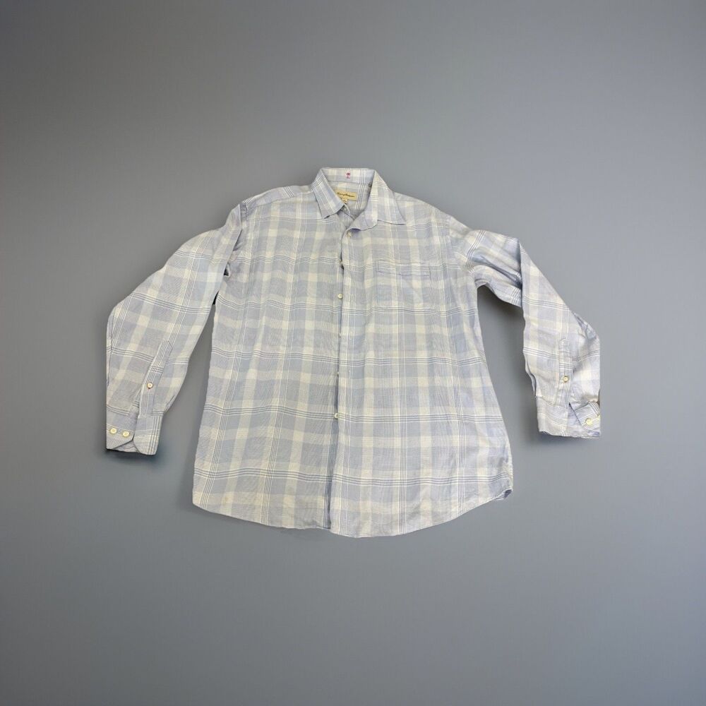 Tommy Bahama Shirt Mens 16 34-35 Blue Plaid Dress Button Up Long Sleeve